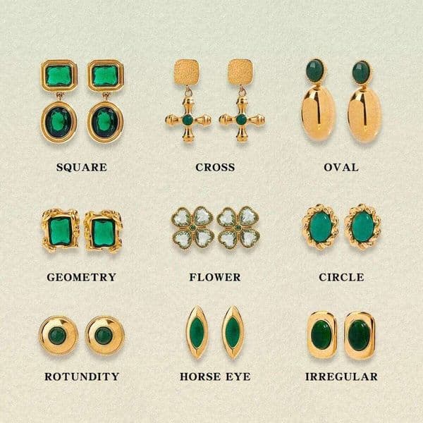 Uworld Retro 18K Gold Color Stainless Steel Green Zircon Geometric Round Smooth Earrings Women's Jewelry Gift for Her