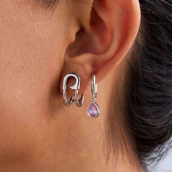 Uworld Fashion Niche Design Curved Paper Clip Stainless Steel Droplet Shaped Pink Zircon Ppendant Earrings Women's Acce