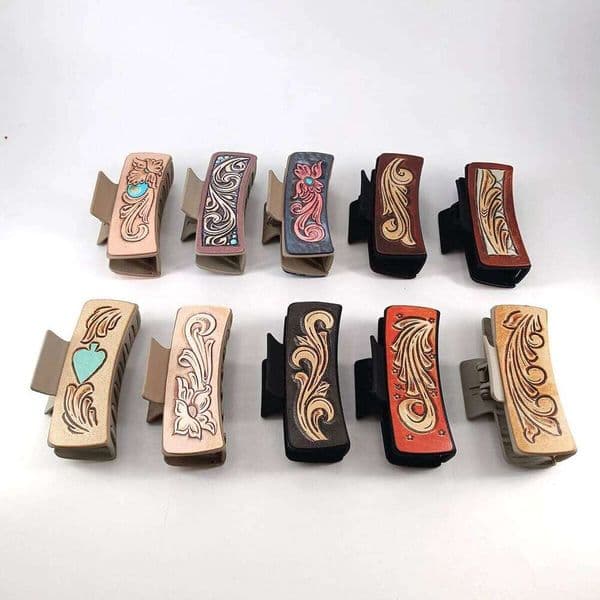 Cowboy style PU Leather Ruyi Printed Claw Nonslip Large Clips For Women Strong Hold Hair Accessories
