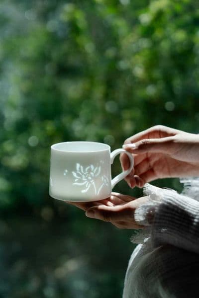 Chinese Porcelain Coffee Cup,Pure White Filigree, Work From Home Desk Cup for Tea & Coffee,Thoughtful Business Gift for Colleagues & Clients