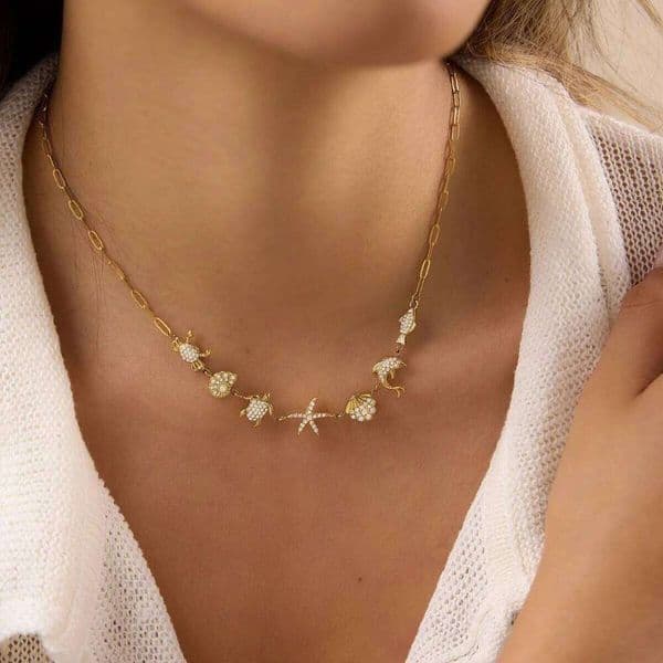 Uworld White Rhinestone Crab Conch Starfish Paperclip Necklaces Women Gold Plated Stainless Steel Vacation Beach Party Jewelry