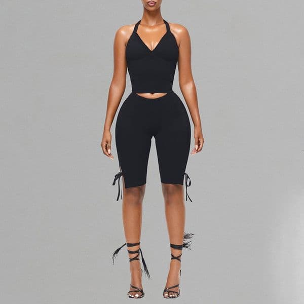 J25ST089 Womens Spring/Summer Halter Neck Tie Strap Tube Top Backless Bowknot Hem Solid Color Set