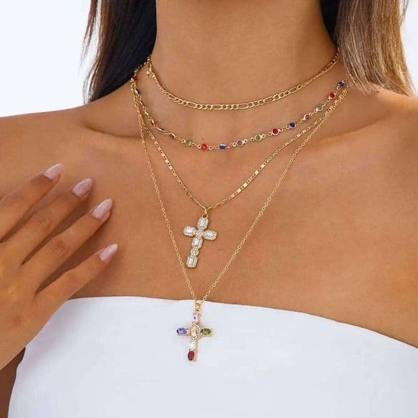 Ingemark 4Pcs/Set Trendy Colorful Rhinestone Cross Pendant for Women Vintage Gold Color Metal Necklace Y2K Jewelry