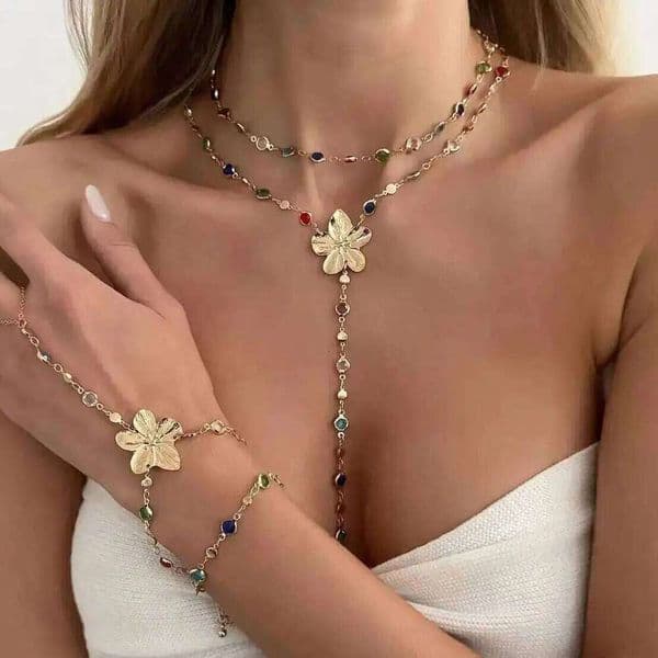 Ingemark Trendy Colorful Crystal Long Y-Shaped Necklace Metal Flower Bracelet Collarbone Chain Summer Party Bohemian Jewelry Set