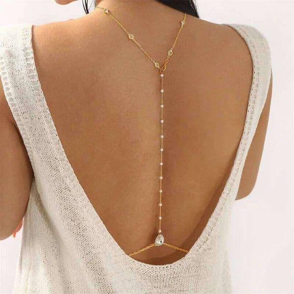 New Crystal Zircon Pearl Back Drop Chain For Women Elegant Long Backless Tassel Necklace Wedding Beach Party Jewelry