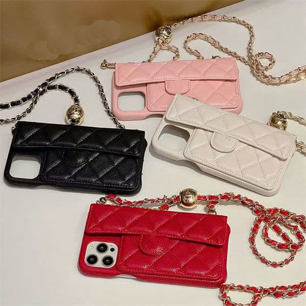 Suitable for Phone 15 Pro Max phone case womens sloping leather designer Phone phone case Apple Phone 14 Pro Max 13 12 14 Plus wallet clip case shoulder chain