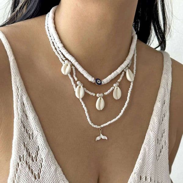 Trendy Polymer Clay Beaded for Women Lucky Blue Evil Eye Shell Fishtail Stackable Necklace Vacation Travel Jewelry