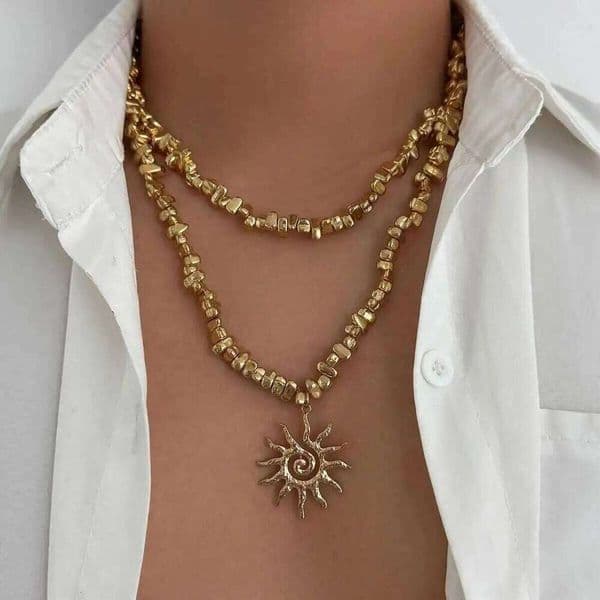 Lacteo Vintage Trendy Double-layer Sunflower Pendant Necklace Men Creative Punk Irregular Plastic Beads Chain Necklaces Jewelry