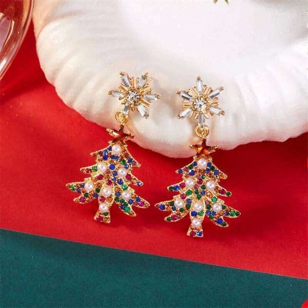 Light Luxury Colorful Zircon Christmas Bells for Women Elegant Green Tree Snowflake Drop Earrings New Year Jewelry Gift