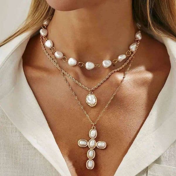 Lacteo 3Pcs/Set kpop Trend Elegant Baroque Imitation Pearls Cross Pendant Necklace Women Boho Creative On Neck Accessory Jewelry