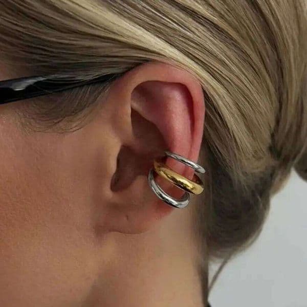 Lacteo Minimalist Stainless Steel Chunky Triple Ring Clip-On Earrings Women Punk Non-Piercing Ear Cuffs Cartilage Trendy Jewelry