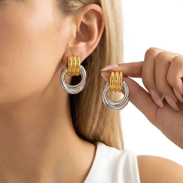 Stainless Steel French Style Two Tone Hoop Earrings for Women Minimalist Mixed Metal Chunky Double Circle Earring Party Jewelry