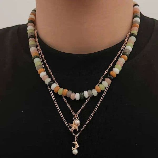 Ingemark 3 Pcs/Set Vintage Metal Starfish Imitation Pearls Pendant Necklace Men Trendy Colorful Glass Beads Chain Jewelry Gifts