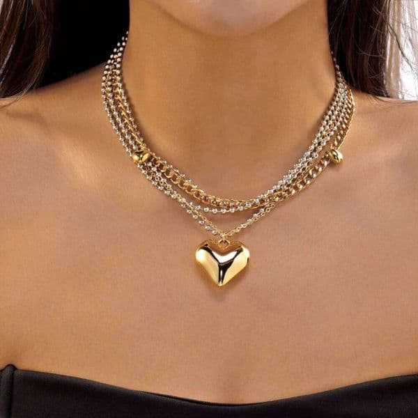 Vintage Multilayer Gold Color Heart Pendant Necklace for Women New Trendy Love Shape Beaded Neck Chain Choker Y2K Party Jewelry