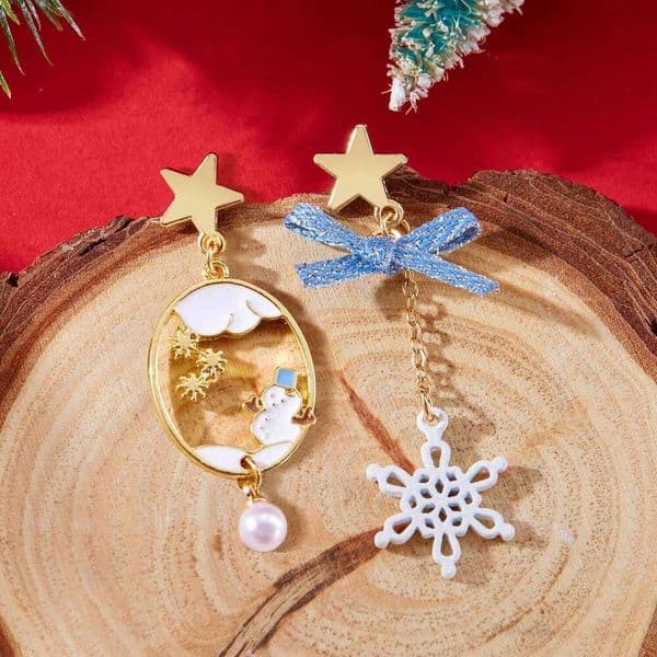 Merry Christmas Snowflake Bowknot Bell Asymmetrical Long Tassel Earring For Women Girl Pink Elk Snowman Zircon Earrings Jewelry
