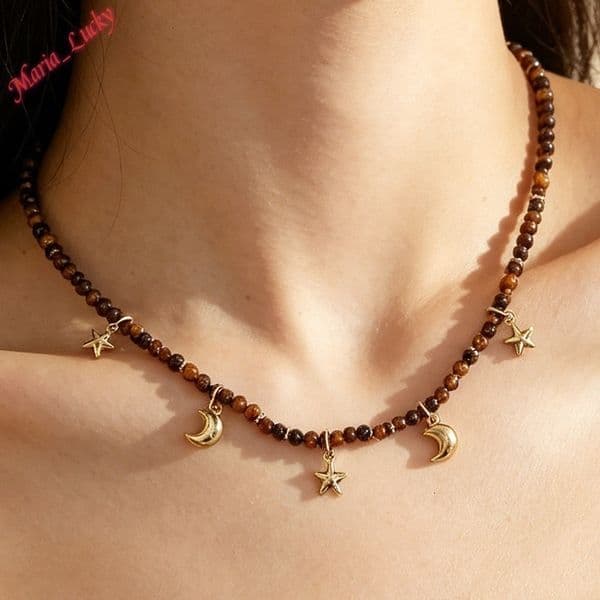 The New Listing Boho Tiger's Eye Beaded Necklace Celestial Star Moon Pendant Choker Vintage Earthy Tone Collarbone Chain Elegant Niche Daily Druzy Jewelry For Women
