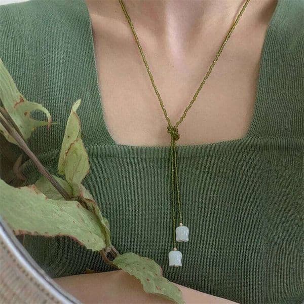 Elegant Green Rice Bead Chain for Women Romantic Lily of The Valley Pendant Necklace Various Wearing Neck Jewelry