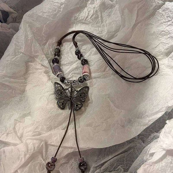 Vintage Ceramic Butterfly Pendant for Women 2023 New Chinese Ethnic Style Long Sweater Chain Necklace Jewelry Accessory