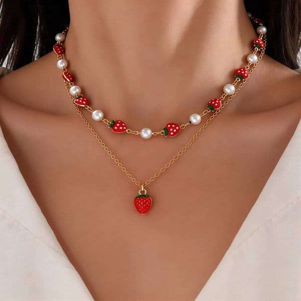 2Pcs Layered Strawberry Pearl Necklace Set for Women Cute Sweet Dainty Adjustable Summer Vacation Beach Jewelry Gift