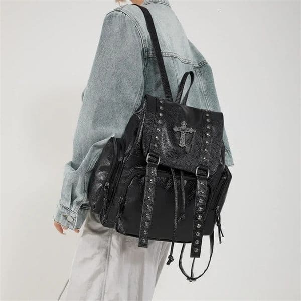 Rivet Y2K Backpack Women Gothic Punk PU Leather Shoulder Bag Ladies Vintage Harajuku Backpacks College Large Capacity School Bag 260605