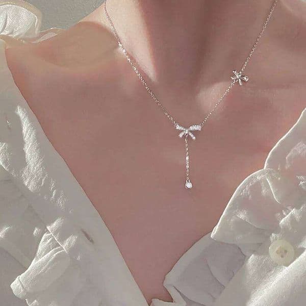 Korean Fashion Micro Zircon Bow for Women Collarbone Chain Necklace Crystal Pendant Jewelry Collares Para Mujer
