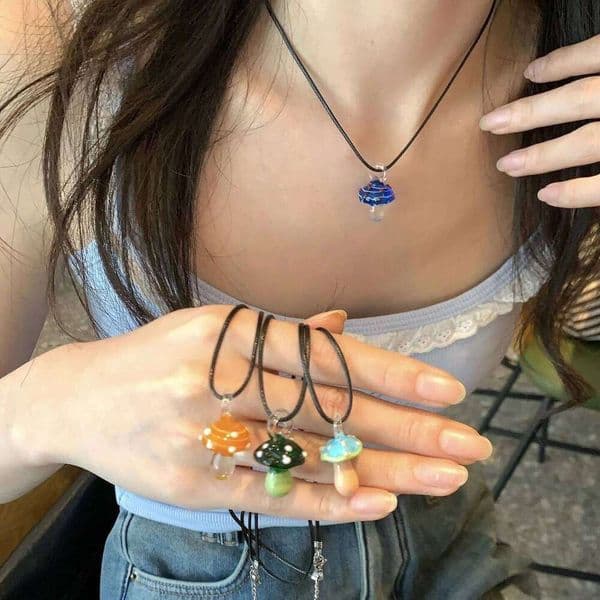 Funny Color-blocking Coloured Glaze Cartoon Mushroom Pendant Necklaces for Women Adjustable Blacable Black Wax Rope Chain Choker