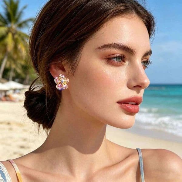 Sparkling Colorful Zircon Rhinestone Flower Stud For Women Girls Sweet Cherry Floral Earrings Wedding Bridal Jewelry