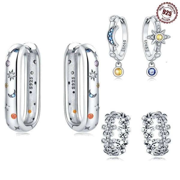 Real 925 Sterling Hoop Colorful Zircon Bright Starry Sky Earrings Women Engagement Wedding Party Silver Jewelry