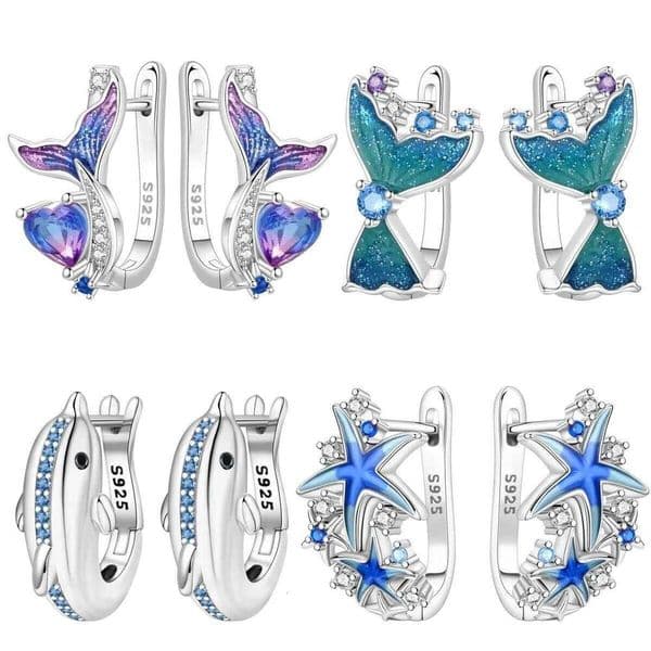 Orstarry S925 Sterling Silver Exquisite Marine Life Blue Starfish Dolphin Mermaid Tail Earrings For Women Birthday Gift