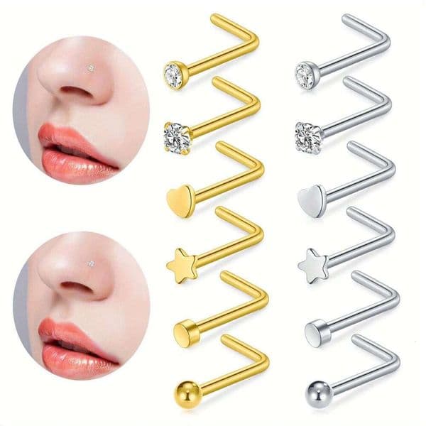 6pc Elegant 20G 304 Stainless Steel Ring Cubic Zirconia L-Shaped Studs Hypoallergenic Nose Piercing Jewelry