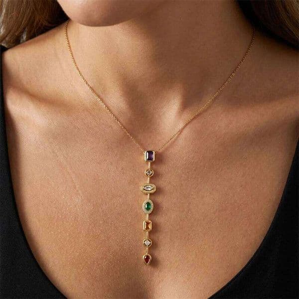 Vintage Geometric Colorful Zircon Long Pendant for Women Exquisite Stainless Steel Chain Necklace Charm Party Jewelry