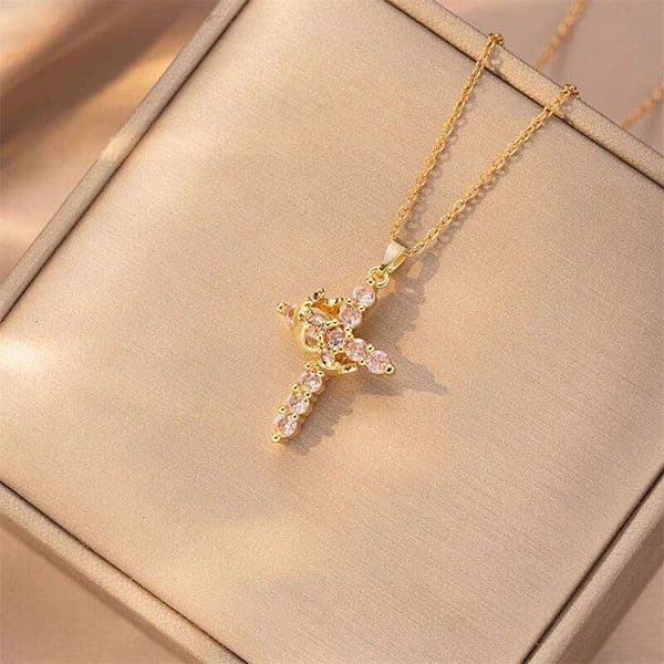 Exquisite Crown Cross Rhinestone Rotating for Women Fashion Copper Stainless Steel Necklace Party Banquet Jewelry Gift