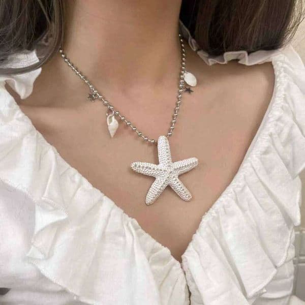 Stainless steel chain starfish shell pendant necklace for women's party beach jewelry