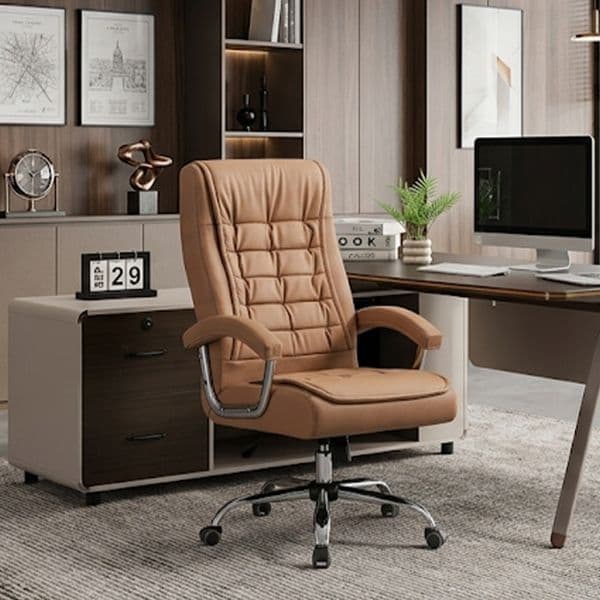 High-Quality Pu Leather Computer Chair Executive Office Chair High Desk Chair with Spring Seat Cushion Ergonomic Swivel Computer Chair with Chrome Armrests