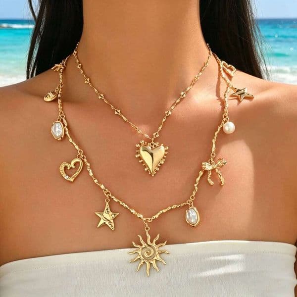 2PCS Layered Charm Necklace Gold Tone Sun Heart Star Bow Imitate Baroque Pearl Boho Western Summer Beach Vacation Jewelry