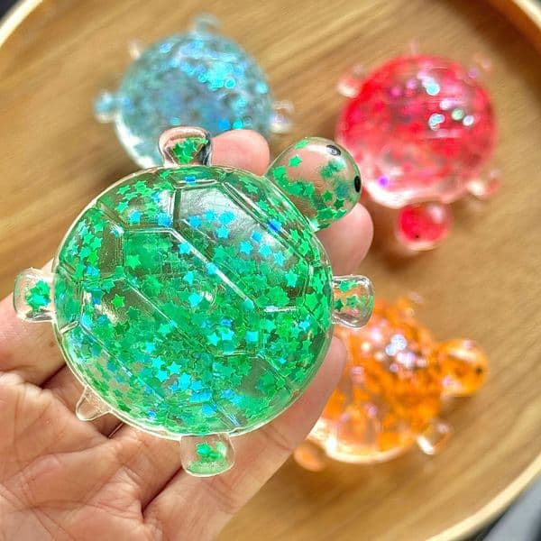 Transparent Glitter Turtle Squishy Stress Ball Water Beads Filled TPR Squeeze Toy Cute Tortoise Decompression Fidget Toy for Anxiety Relief BYAIR