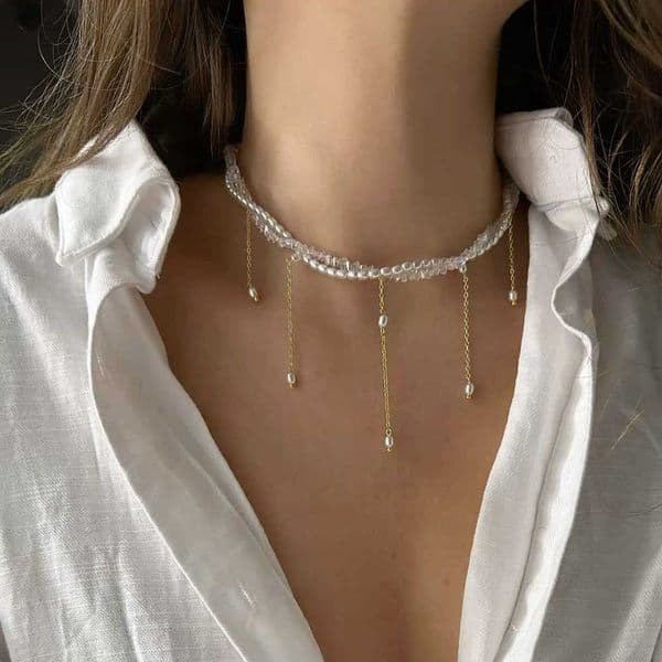 Pendant Chain Fashion Necklace Tassel For Women Boho Transparent Crystal Imitation Pearl Chain Jewelry Valentines Gift N0538 C260610