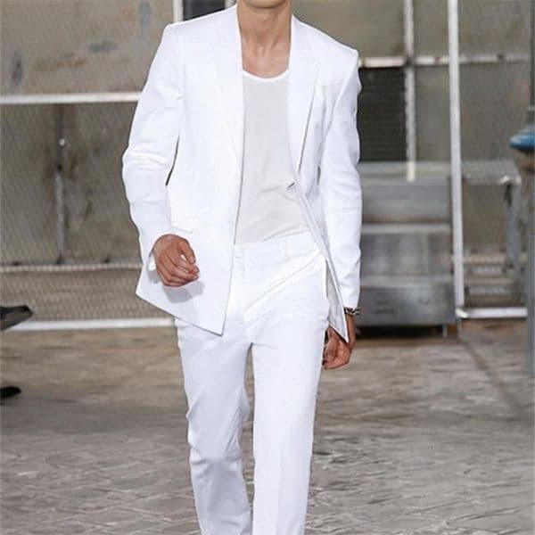 Summer Long Jacket White Trousers Groom Tuxedos Wedding Suits for Men Peaked Lapel Man Blazers 2 Pieces Coat Pants Prom 260611