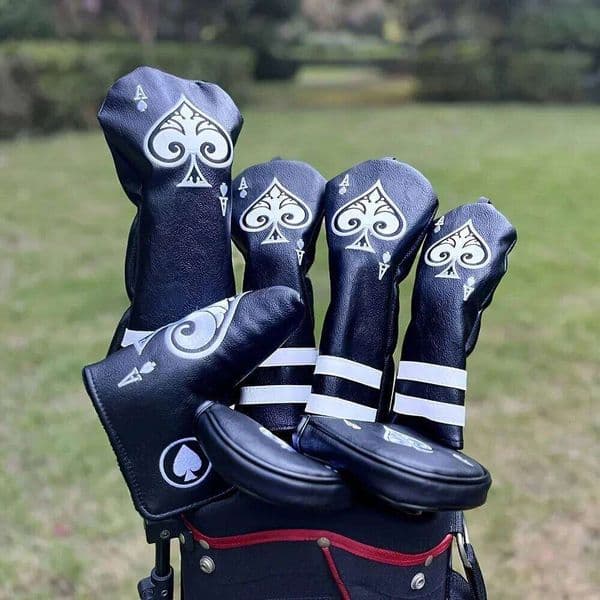 Premium Black Faux Leather Golf Club Headcovers - Spade A Design for Drivers, Fairways, Hybrids, Blades & Putters J260611