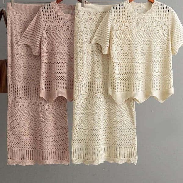 Fashionable Women's Summer Outfit New Hollow-Out Short-Sleeve Knitted Top Casual Half-Skirt Two-Piece Set