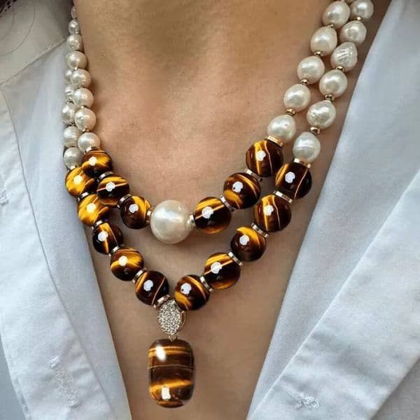 2-Piece Set Of Elegant And Stylish Gemstone Freshwater Pearl Pendant Necklaces| The Best Gift For Valentine's Day: Tiger's Eye Stone