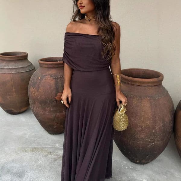 One Shoulder Sheath Sheer Long Dress Women Fashion Temperament Slim Party Dress Sexy Strapless Solid Color Maxi Dresses