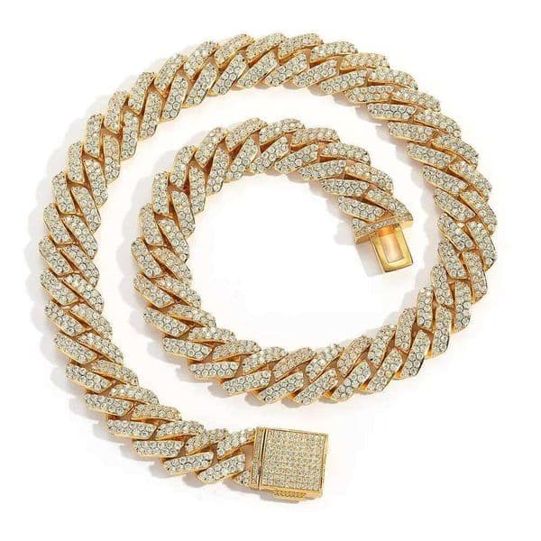 New 15mm rectangular cubic zirconia claw-shaped Cuban necklace, zinc alloy 14K gold-plated ice crystal hip-hop party chain