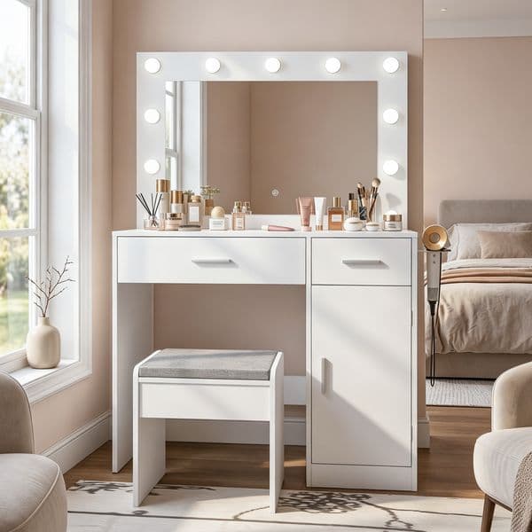 Vanity Desk with Mirror Large Drawer and Power Socket with 11 Light Bulbs and 3 Adjustable Lighting Modes Vanity Table Ideal for Bedroom Makeup Vanity Desk