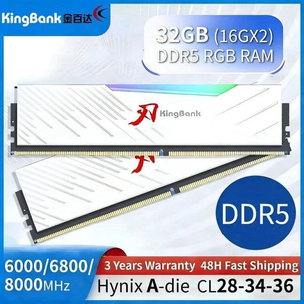 Original KingBank Ram DDR5 RGB 16GBX2 6000/6800/8000MHz Hynix A-die CL28-34-36 Desktop Gaming Memory with Black Heat Sink