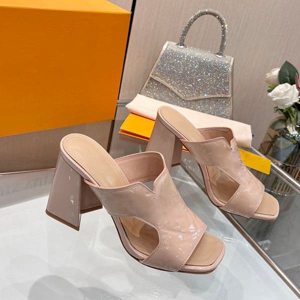 Women Chunky Heels 9cm Sandals Designer Slip On Slippers Vintage Black Dark Blue Slides For Party Wedding Shoes Luxury Outdoor Beach Shoes With Dust Bags Casual Shoes