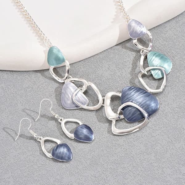 Irregular Multicolor Drip Oil Interlocking Ring Jewelry Set, Women Silver Bib Necklace Teardrop Dangle Earrings