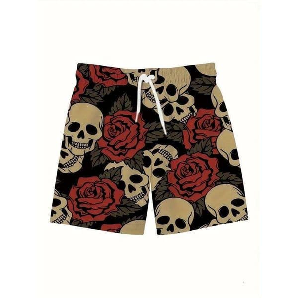Skulls & Roses Pattern Allover Print Men's Loose Beach Activewear, Drawstring Quick Dry Shorts, Lightweight Shorts