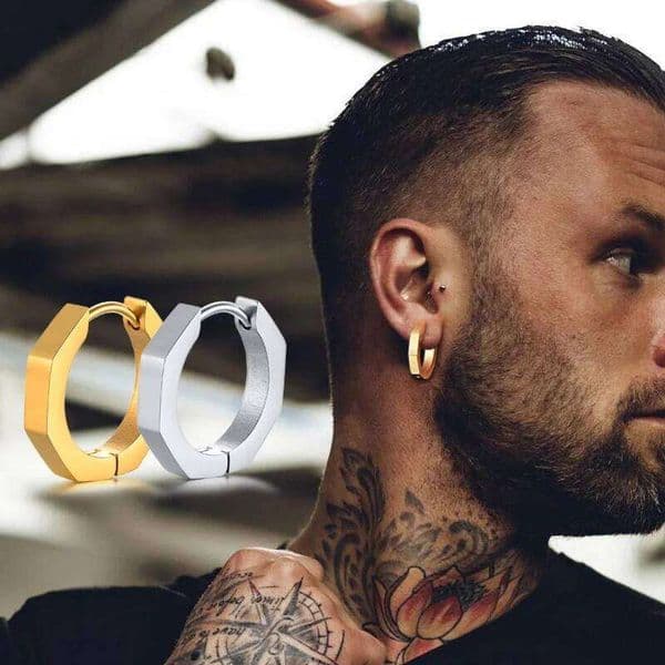 Geometric Octagon Hoop for Men, Hexagon Hoops, Stainless Steel Honeycomb Hoops Minimalist Earrings Men Jewelry