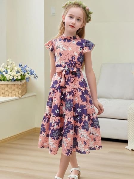 Summer Floral Print Girls Midi Dress, Ruffle Collar Flutter Sleeve Tiered Layer Dress with Waist Tie, Cute Vacation Outfit for Teen Girls 7-16Y